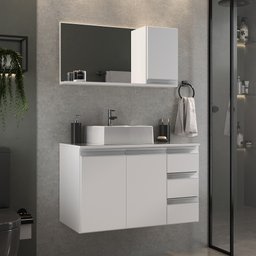 Conjunto Gabinete Banheiro Completo Prisma 80cm Branco Inteiro com Tampo de Vidro - 1
