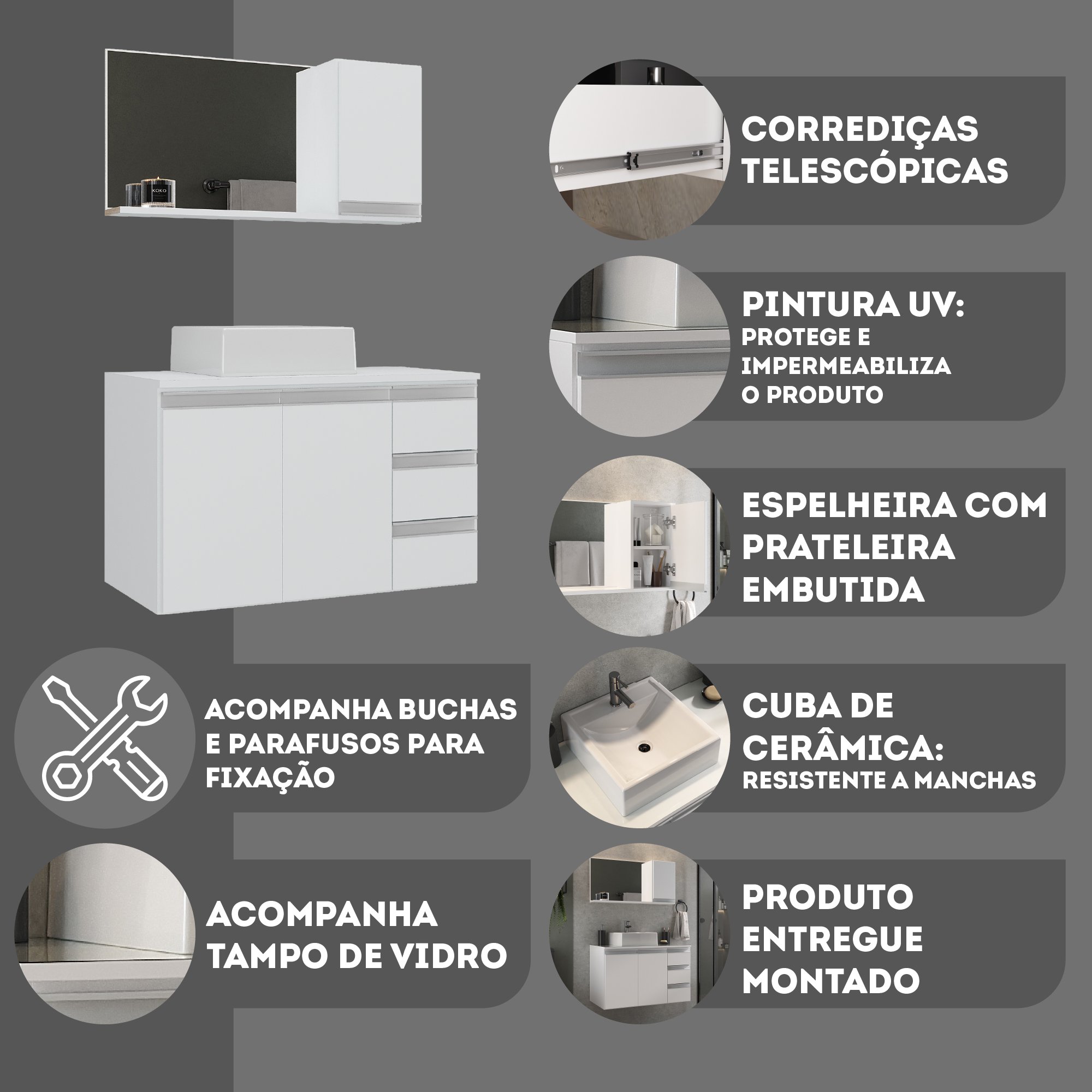 Conjunto Gabinete Banheiro Completo Prisma 80cm Branco Inteiro com Tampo de Vidro - 7