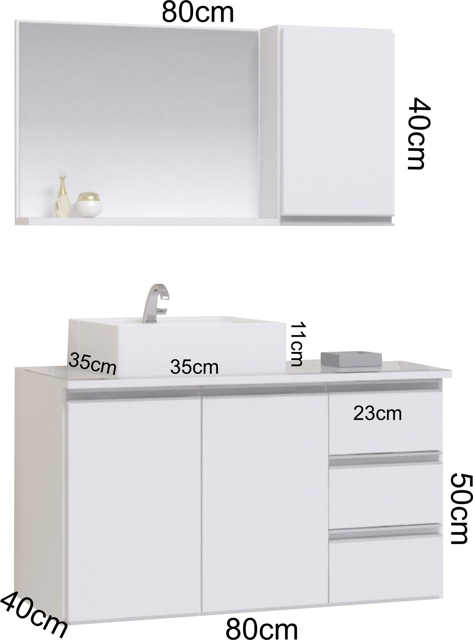 Conjunto Gabinete Banheiro Completo Prisma 80cm Branco Inteiro COM TAMPO DE VIDRO - 3