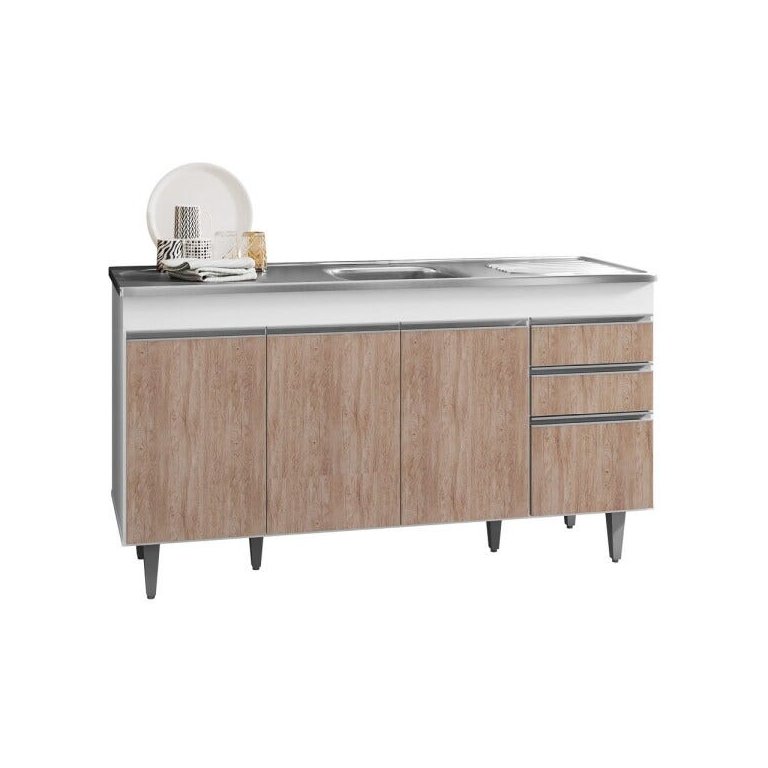 Balcão Gabinete com Pia Inox 150cm 4 Portas 2 Gavetas Marrocos Branco/Castanho - Lumil