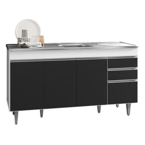 Balcão Gabinete com Pia Inox 150cm 4 Portas 2 Gavetas Marrocos Branco/preto - Lumil