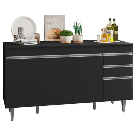Balcão Gabinete de Pia com Tampo 150cm 4 Portas 2 Gavetas Marrocos Preto - Lumil