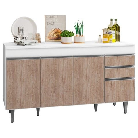 Balcão Gabinete de Pia com Tampo 150cm 4 Portas 2 Gavetas Marrocos Branco/Castanho - Lumil