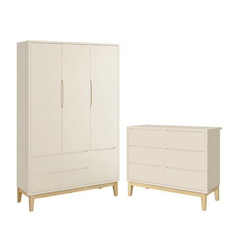 Jogo de Quarto Infantil Classic Guarda Roupa 3 Portas e Cômoda 6 Gavetas Areia Fosco com Pés