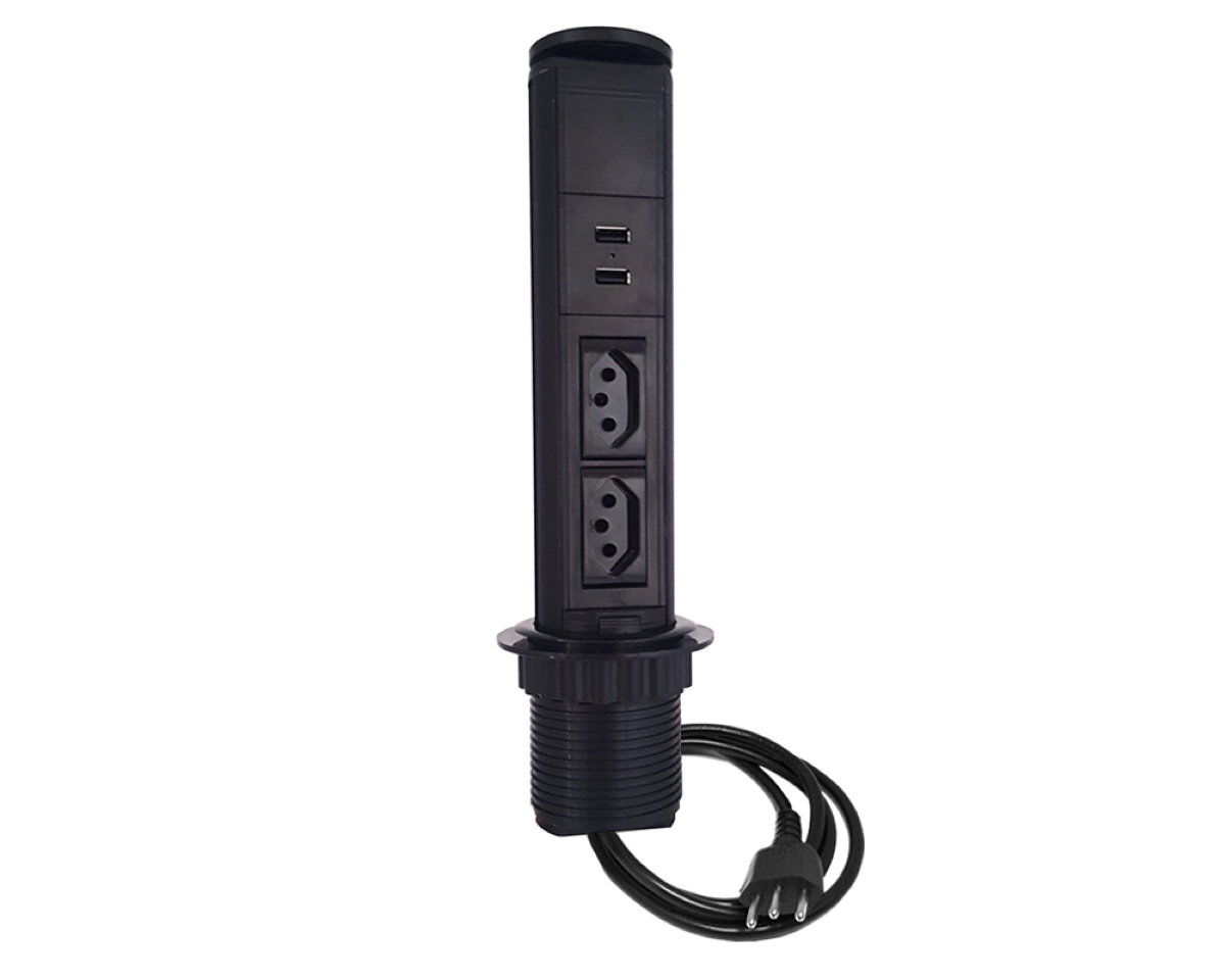 Bancada Torre Tomada Multiplug 2 tomadas + 2 usb Cor: Preto - 1