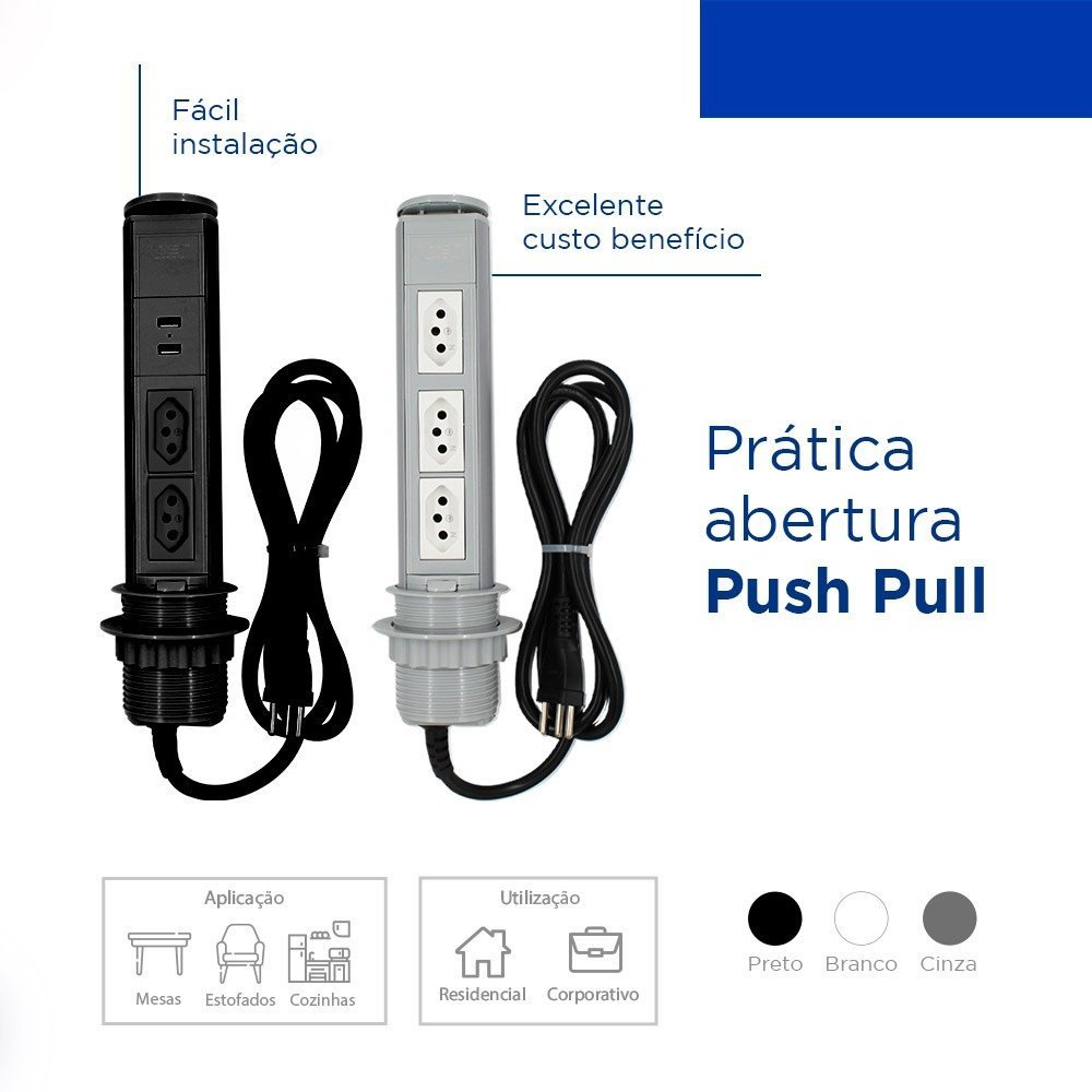 Bancada Torre Tomada Multiplug 2 tomadas + 2 usb Cor: Preto - 3
