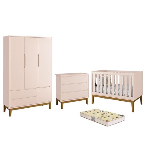 Dormitório Infantil Classic 3 Portas, Cômoda, Berço Rosa com Pés Amadeirado e Colchão D18 - Reller M