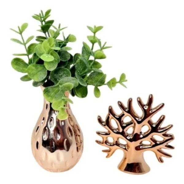 Arvore Da Vida + Vaso Com Planta Artificial Decoração:ROSE GOLD