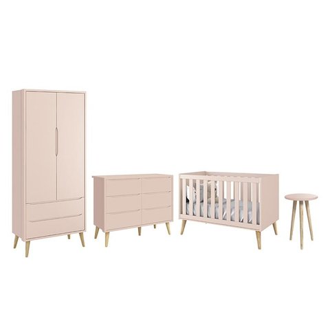 Dormitório Completo Infantil Theo 2 Portas, Cômoda 6 Gavetas, Berço e Mesa de Canto Rosa Fosco com P