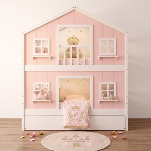 Treliche Infantil Casinha Dos Sonhos Madeira Maciça Rosa e Branco Megamobília 199cm