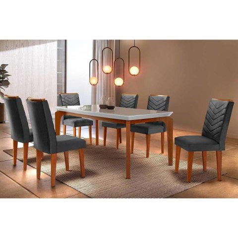 Sala de Jantar Completa Londrina Tampo Madeirado C- Vidro Reto 180x90 e 6 Cadeiras Londrina Imbuia