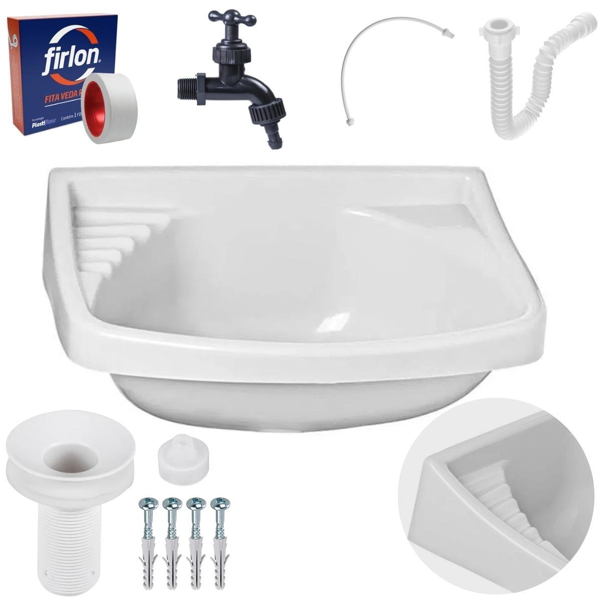 Pia Lavatório Banheiro 4,8L + Torneira Reforçada + Sifão Universal + Engate Flexível + Veda Rosca - 1