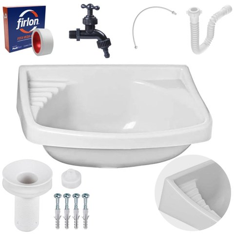 Pia Lavatório Banheiro 4,8L + Torneira Reforçada + Sifão Universal + Engate Flexível + Veda Rosca
