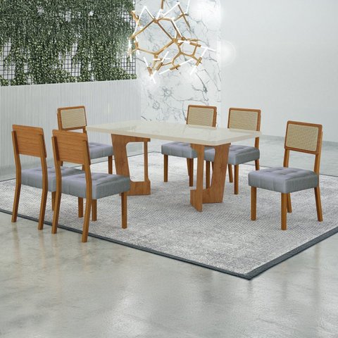 Conjunto Sala de Jantar Mesa 160cm Tampo de 4 cm com 6 Cadeiras Liz Marrom/Cinamomo/Off White/Linho Prata