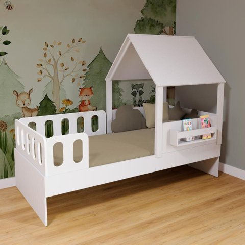 Cama Casinha com Telhado Mdf e Grades Anatômica Branco Mobilistore