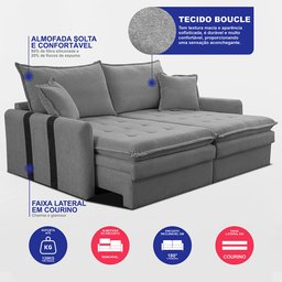Sofá Baú sem Caixa Retrátil 1,80m Softgel Bonnie Boucle Cinza Claro Cama Inbox - 3