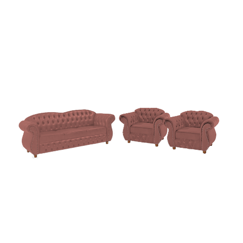 Um Sofá 3 Lugares + Dois Poltronas Chesterfield Merlo- Veludo Rosa / decoração, sala de estar, re