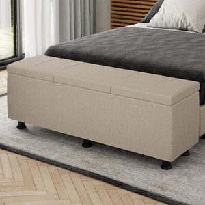 Baú Sapateira Estofada Casal King Size 195 Cm Venus Linho Skybox Bege