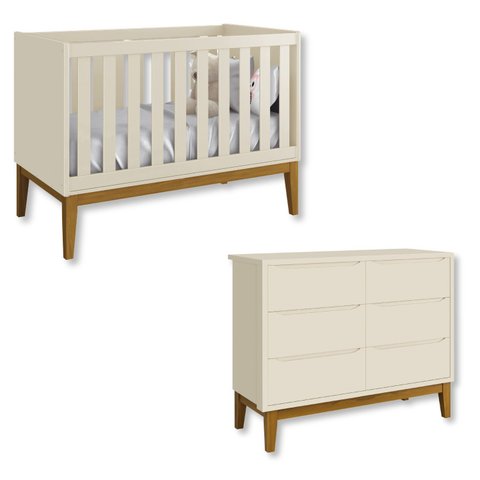 Quarto de Bebê Berço + Cômoda 6 Gvts Classic Pés em Madeira Areia