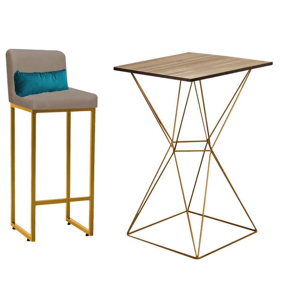 Kit Mesa Bistrô Lucca e 1 Banqueta Lucca Tampo Castanho Ferro Dourado Suede Bege e Almofada Azul Tur - 1