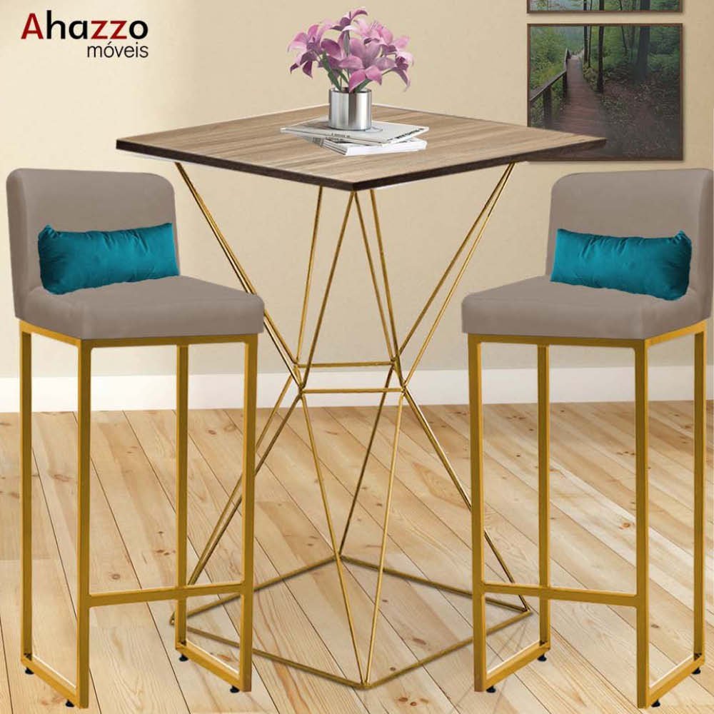 Kit Mesa Bistrô Lucca e 1 Banqueta Lucca Tampo Castanho Ferro Dourado Suede Bege e Almofada Azul Tur - 2