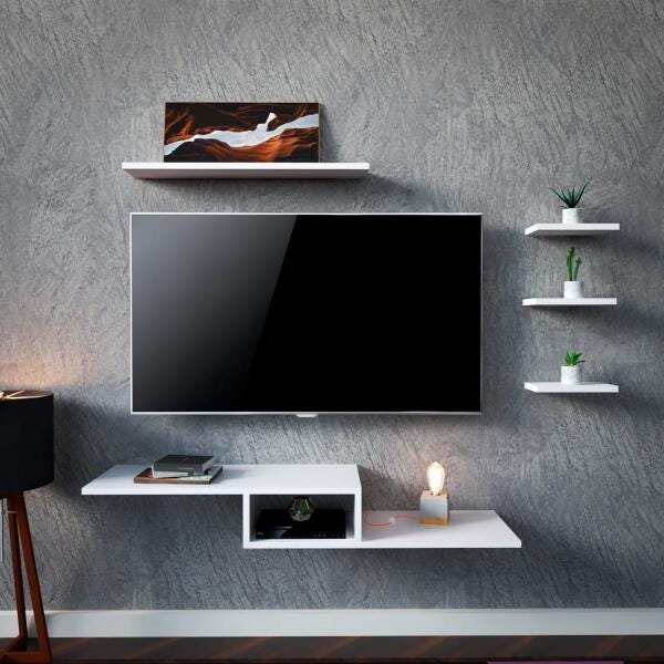 Rack Tv Suspenso Com 4 Nichos Moderno Decoração Conjunto Menor preço em Rack Tv Suspenso Com 4 Nichos Moderno Decoração Conjunto