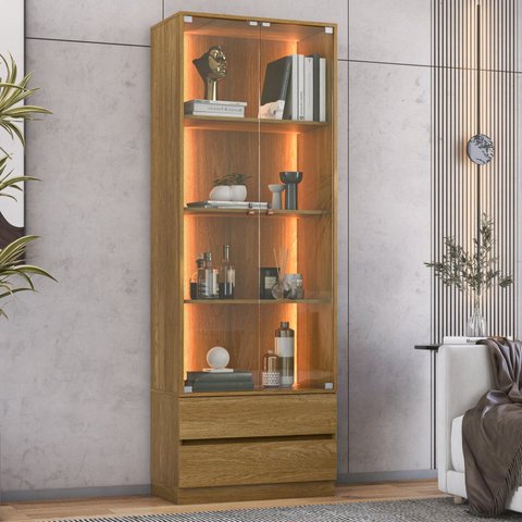 Cristaleira 2 Portas 2 Gavetas com Led e Portas de Vidro Liz Yescasa