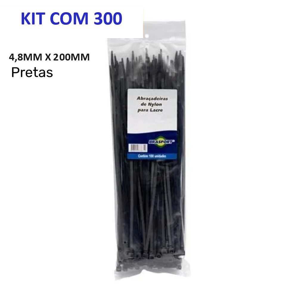 Kit 300un Abraçadeiras Nylon 4.8mm X 200mm Cinta Plástica Preta Resistente - 3