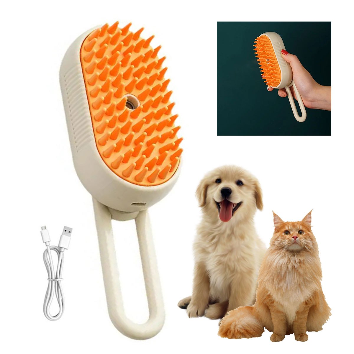 Escova a Vapor Eletrica Gato Cachorro Cao Pet Remove Pelo Bateria Recarregavel Limpeza Higiene Anima