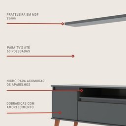 Rack para Tv com Prateleira 150cm Retro Mdf Grafite Dallas - On Móveis - 6
