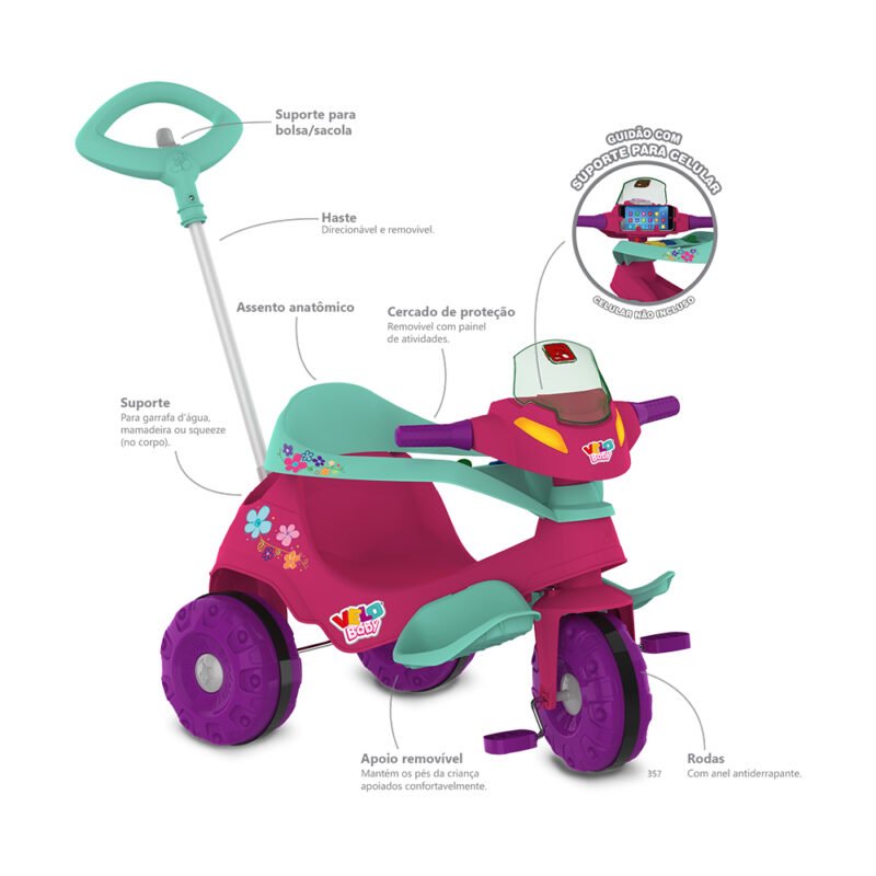 Triciclo Infantil C/ Pedal E Haste Direcionável Baby City Menina - Maral