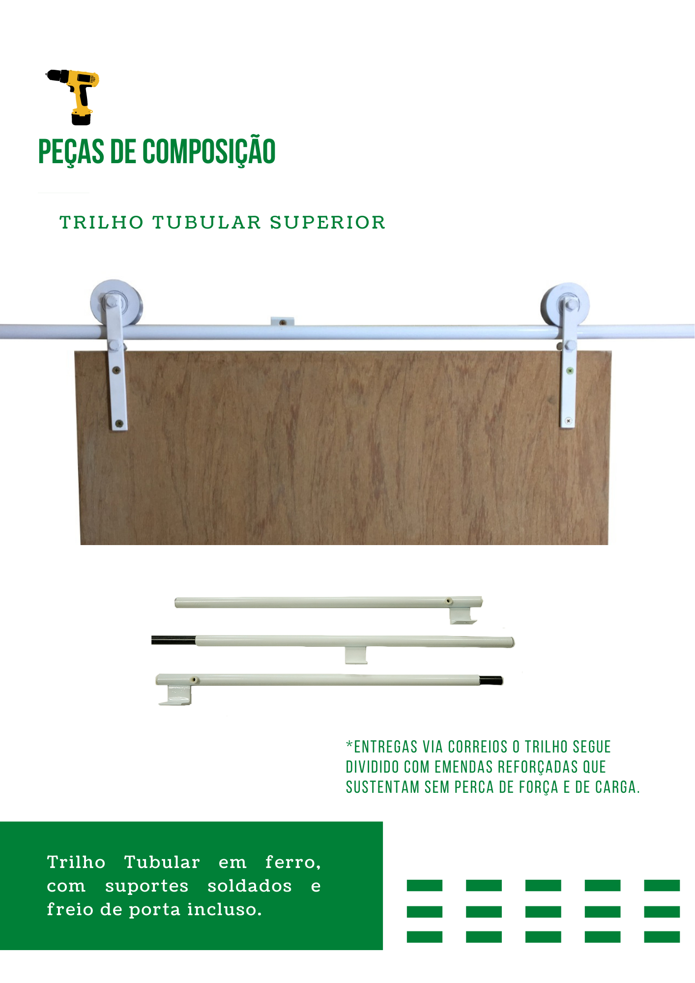 Kit p/ Porta Dupla Celeiro - Trilho Tubular 3,00 M- Branco - Al-Fer - 5