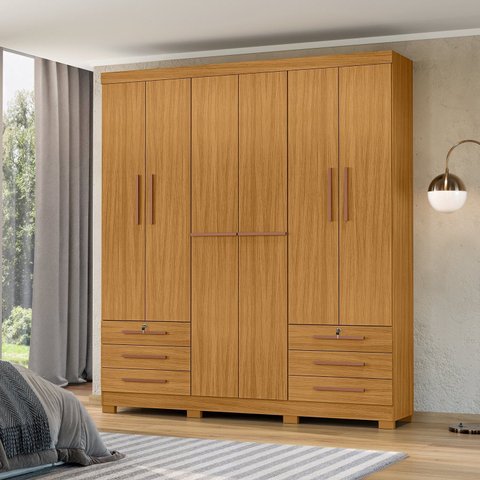 Guarda-Roupa Casal 6 Portas 6 Gavetas Chave e Pés Floripa Marrom/Carvalho Americano