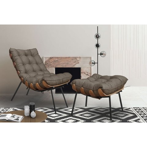 Poltrona Costela com Puff Adão Preto Madeira Veludo Marrom