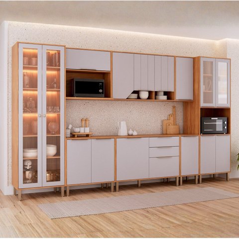 Cozinha Modulada 8 Peças com 1 Cristaleira 3 Balcões 3 Armários Aéreo e 1 Torre Celeste Bege Cinamomo/Platina