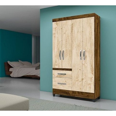 Guarda-Roupa Solteiro 4 Portas 2 Gavetas sem Espelho Madri Moval Castanho Wood/ Avelã Wood