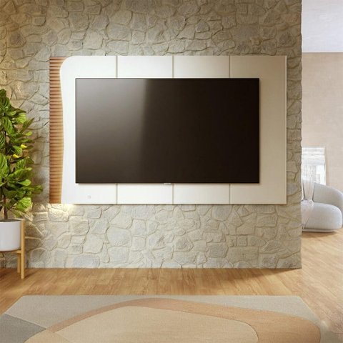 Painel para TV até 75 Polegadas Amalfi com LED Ripado - Off White Matte/Freijó