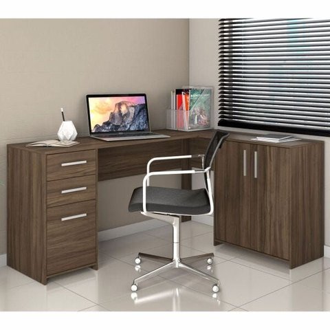 Escrivaninha Office Nt 2005 Canto 2 Portas e 3 Gavetas Notável Nogal Trend
