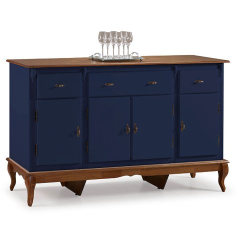 Balcão Buffet 4 Portas e 3 Gavetas com Pés Luiz XV 60635 Linz Móveis - Azul Petróleo/Imbuia