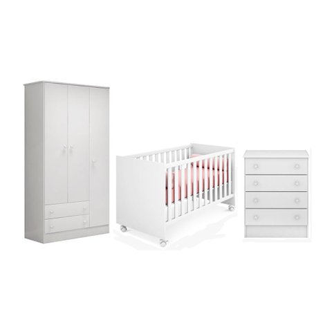 Quarto Infantil Guarda Roupa 3 Portas, Berço e Cômoda 4 Gavetas Doce Sonho Branco - Qmovi