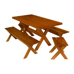 Conjunto Mesa 2m e 2 Bancos e 2 Banquetas Sem Encosto Madeira Maciça Eucalipto - 1