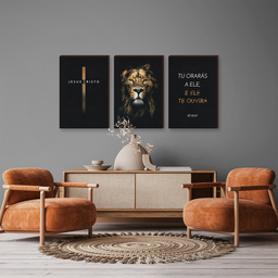 Kit Trio Quadros Decorativo Quarto Sala Leão Frase Religiosa - 7 Kit Trio Quadros Decorativo Quarto Sala Leão Frase Religiosa - 7