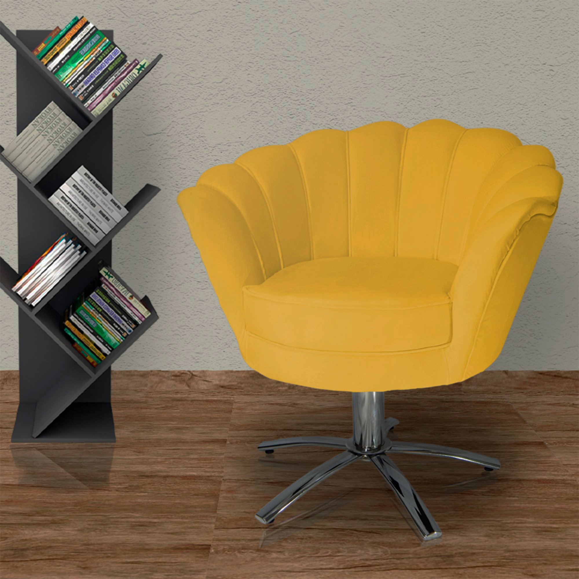 Poltrona Cadeira com Base Giratoria Cromado Pétala Suede Amarelo - 4