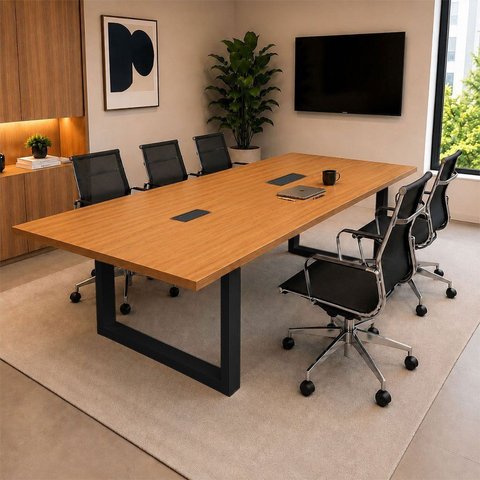 Mesa de Reunião Industrial em MDF 250x90cm com 2 Caixas de Tomada Freijó e Preto