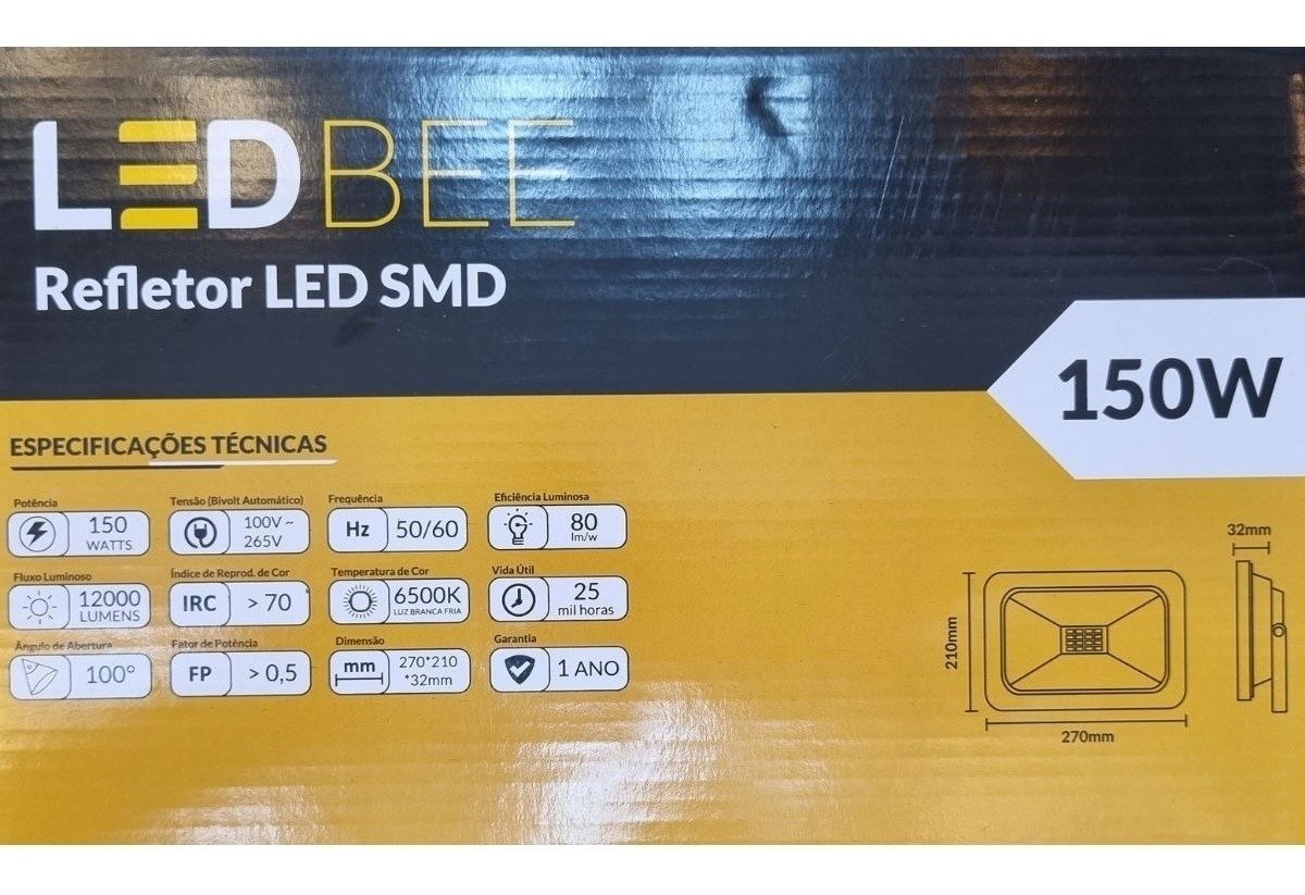 Refletor Led SMD IP65 12000 Lúmens 6500k Branco Frio 150W Bivolt 26,9 x 21,6 Preto LedBee - 12