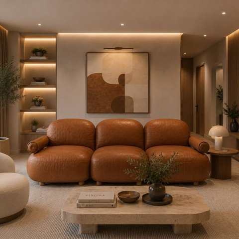 Sofá Leaf 250 cm 3 Lugares Orgânico Luxo Sala de Estar: Courino Sintético Marrom