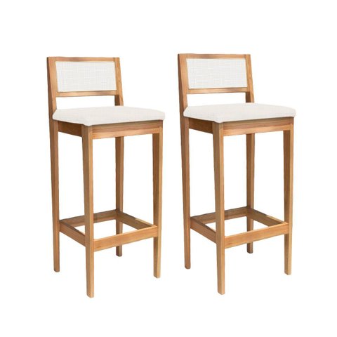 Kit 2 Banquetas Madeira Mel com Linho Cru Churrasqueira Encosto em Trama