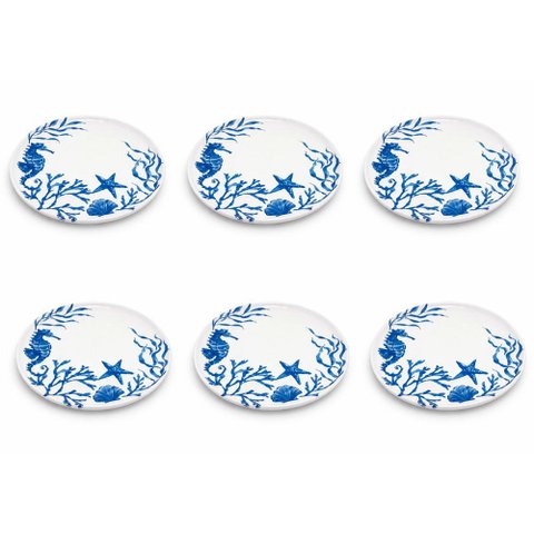 Jogo de 6 Pratos de Jantar em Porcelana Branca com Azul Fundo do Mar 02x28cm Mesa Posta