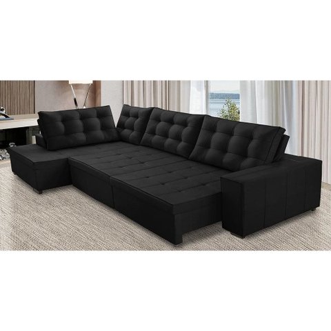 Sofá de Canto Retrátil e Reclinável com Molas 3,00x2,00 Le Jacke Suede Preto Madelina Decor