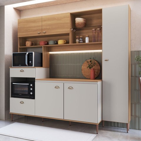 Cozinha Compacta 227cm com Tampo Espaço Forno e Microondas Paneleiro 6 Portas 1 Gaveta Karina Bege/Freijó/Arenas